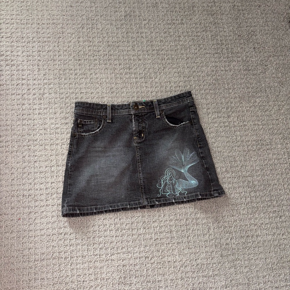 Low Rise Black Denim Mini Skirt with Mermaid Design